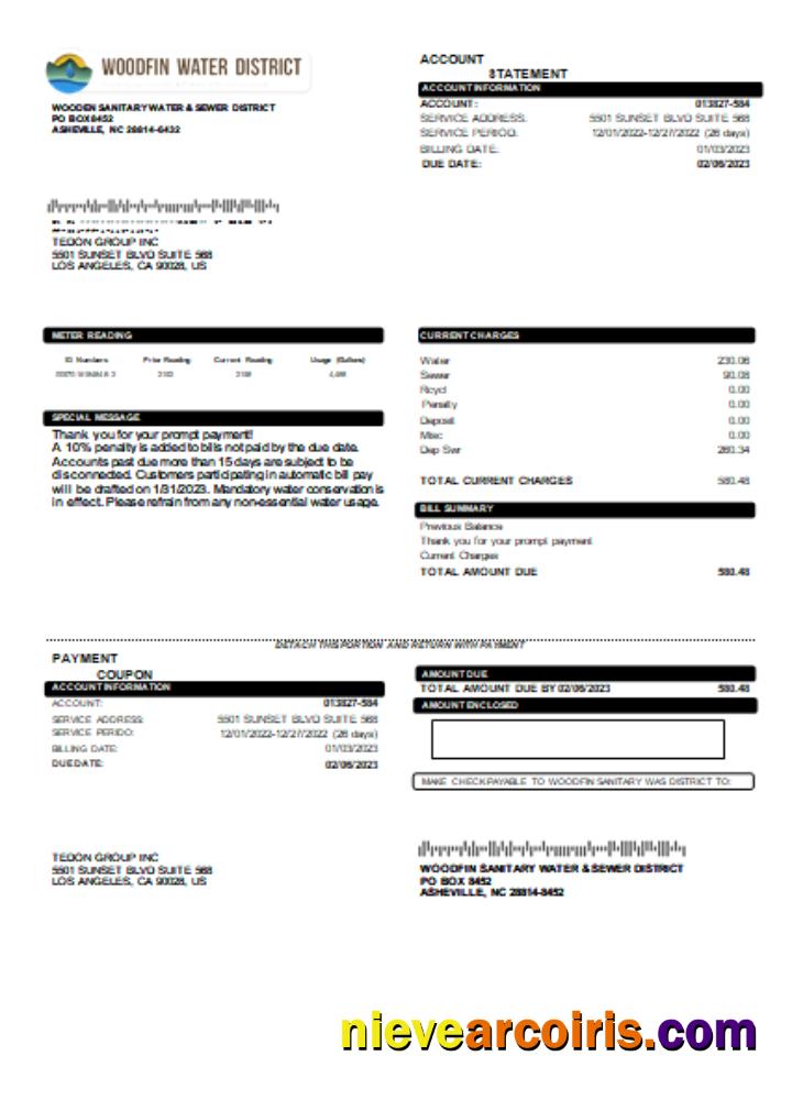 Woodfin Sanitary Water & Sewer District utility business bill
